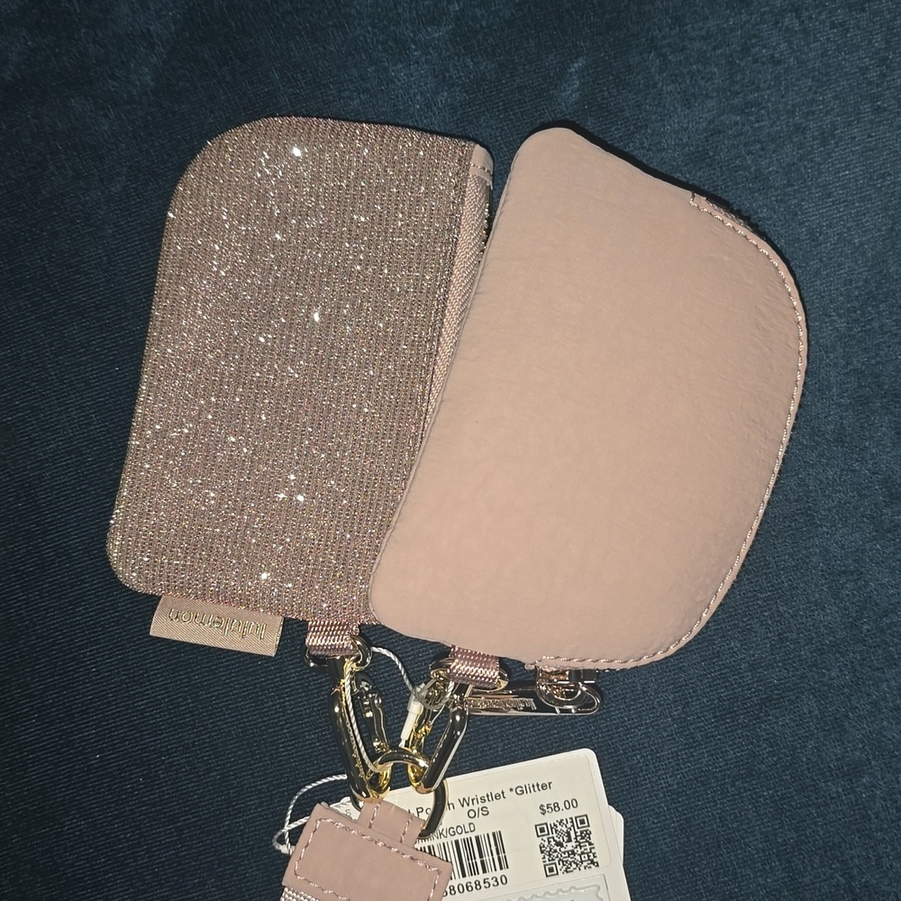 Lululemon NWT Dual Pouch Wristlet Glitter in Pink Gold Shimmer NWT - Picture 3 of 3